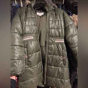 Army green big girls Michael Kors coat with fur trim hood.